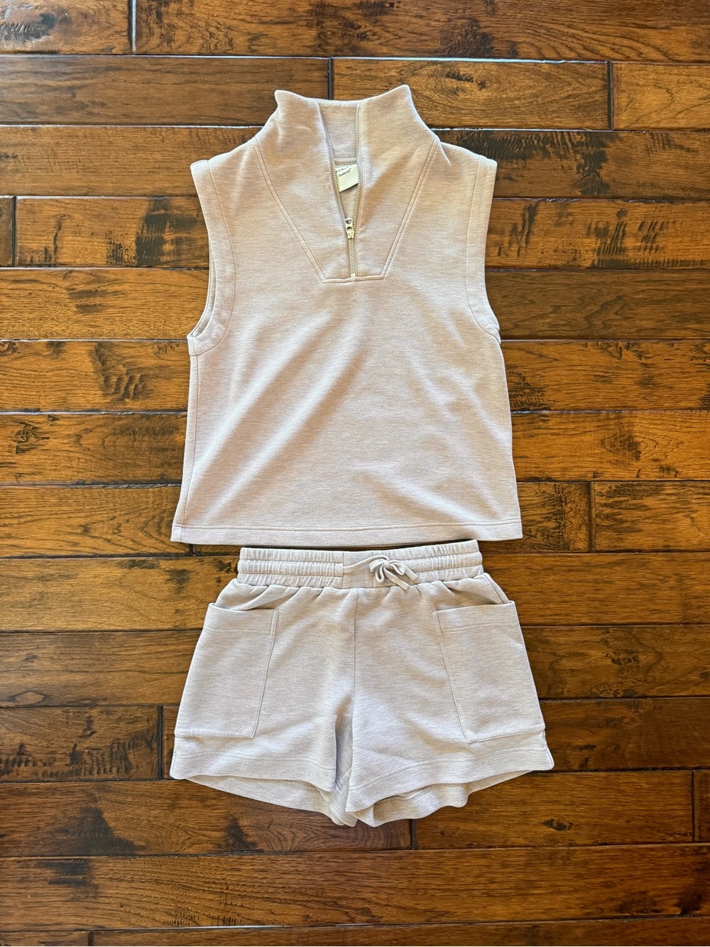Varley Sleeveless Zip-Front Top & Drawstring Shorts Set - Beige